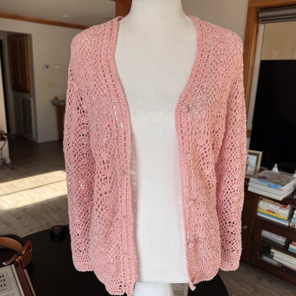 Appleseed's Petites Pink Cottage Core Crochet Cardigan Sweater Petite Small